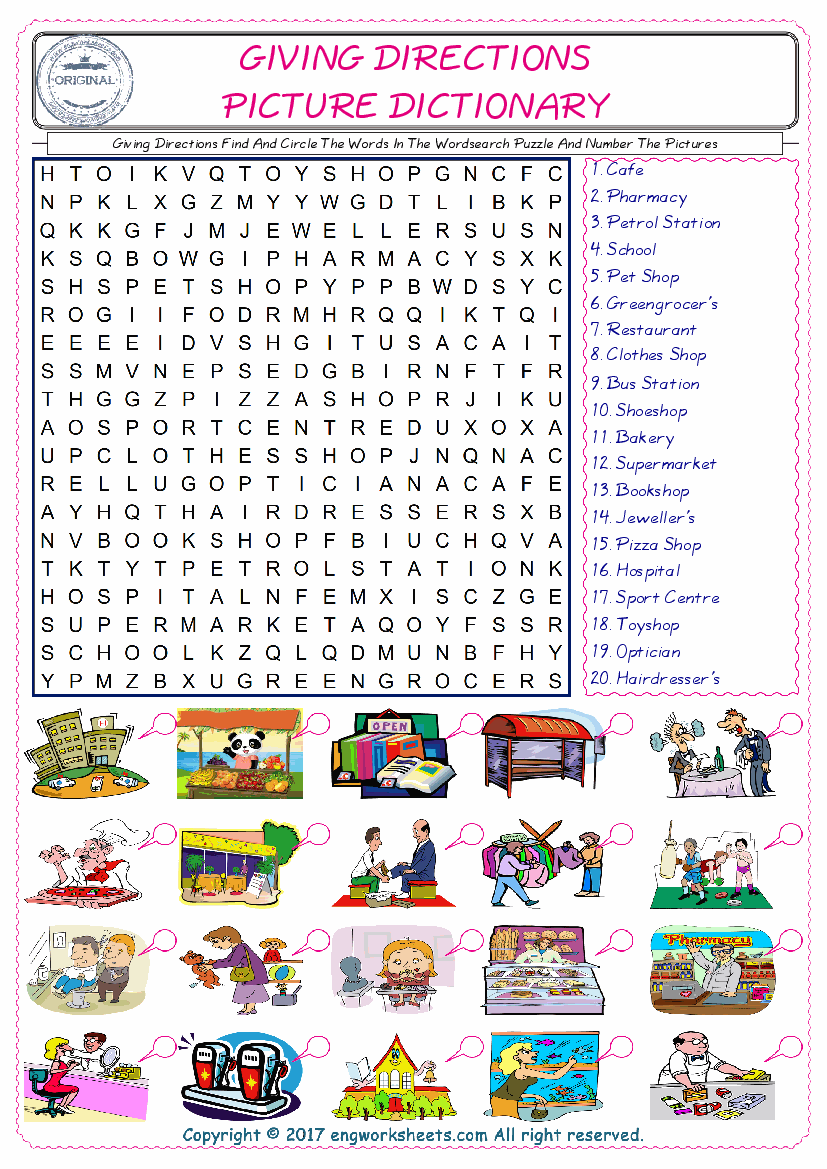  ESL wordsearch worksheets for kids, find Giving Directions words in the word wordsearch write its number on its picture English worksheet. 